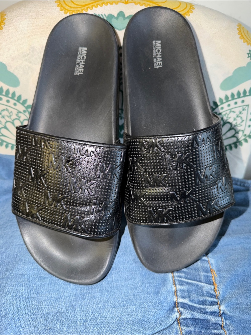 MICHAEL Michael Kors Black Embossed MK Logo Slide Sandals